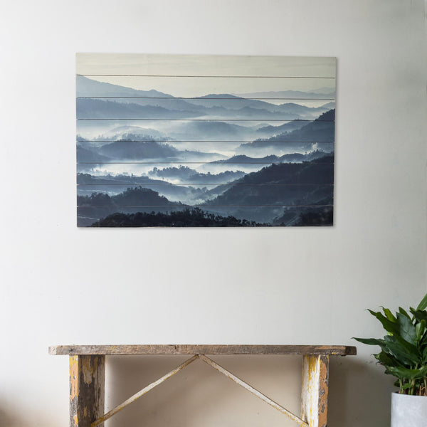 Mysteriously Misty Blue Mountains Wood Plank Wall Art