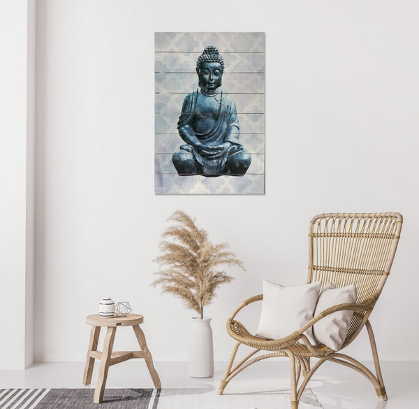 Statuesque Blue Buddha Wood Plank Wall Art