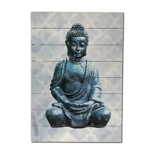 Statuesque Blue Buddha Wood Plank Wall Art