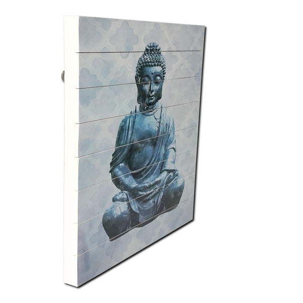 Statuesque Blue Buddha Wood Plank Wall Art