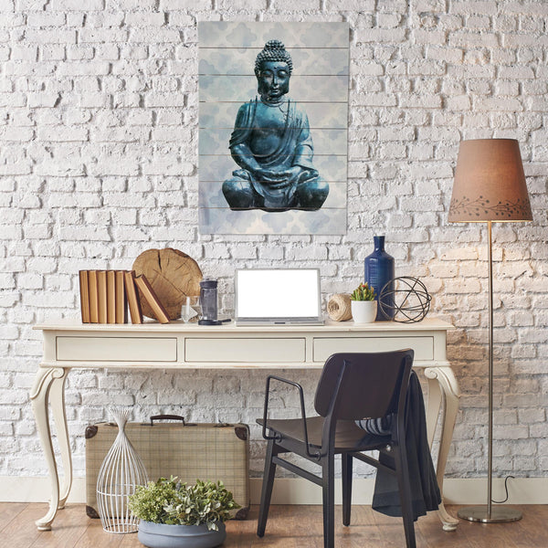 Statuesque Blue Buddha Wood Plank Wall Art