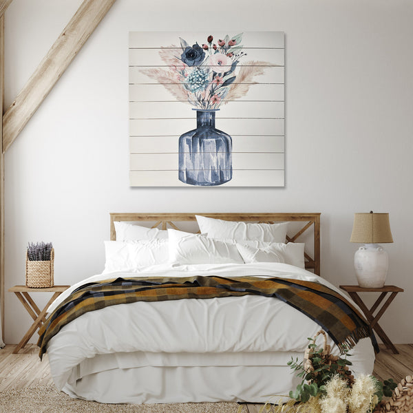 Pampas Leaves and Flower Bouquet Wood Plank Wall Art