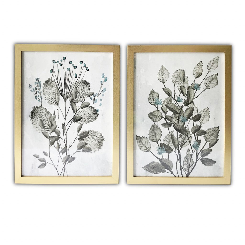 Two Piece Grey Leaves Framed Wall Art