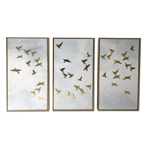 Set of Three Golden Birds Framed Canvas Wall Art