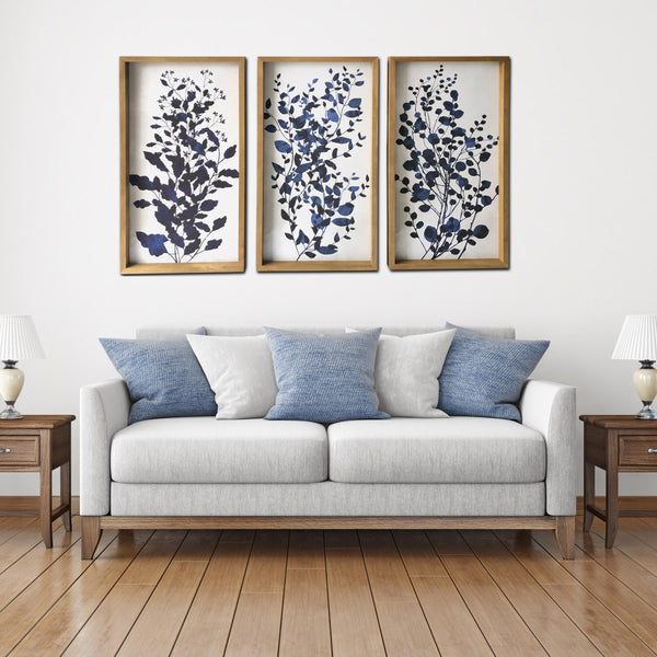 Set of Three Blue Branches Framed Canvas Wall Art