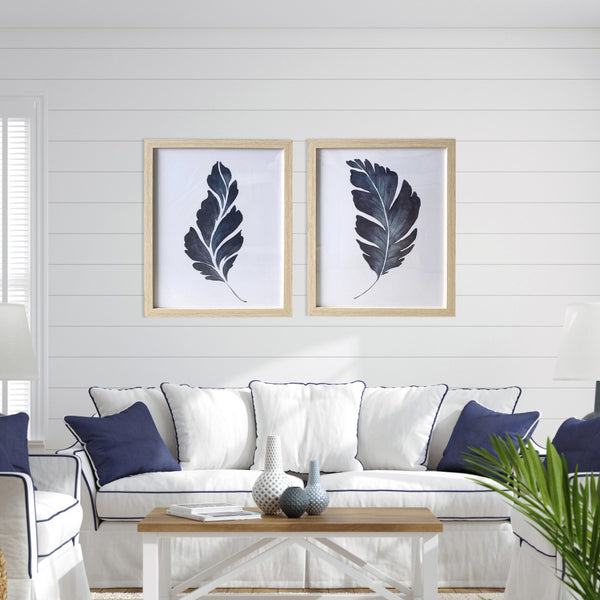 Two Piece Rick Dark Blue Leaves Framed Canvas Wall Art Set