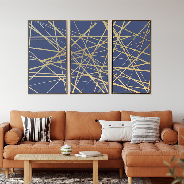 Modern Lines Pattern Triptych Silver Framed Canvas Wall Art