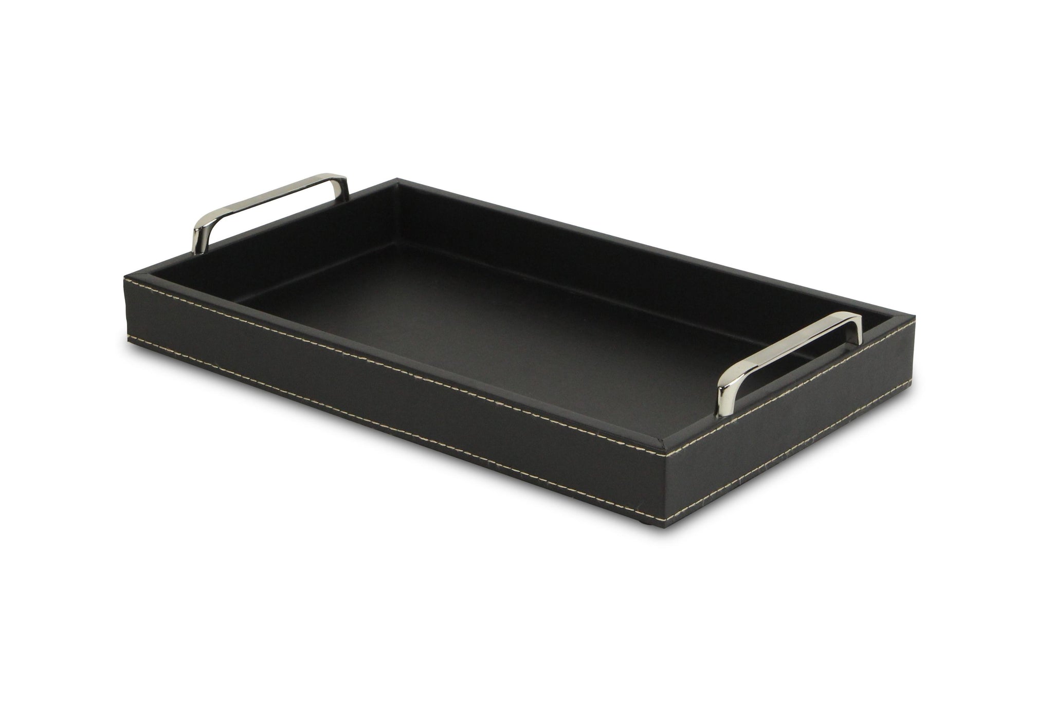 Black Faux Leather Tray with Metal Handles