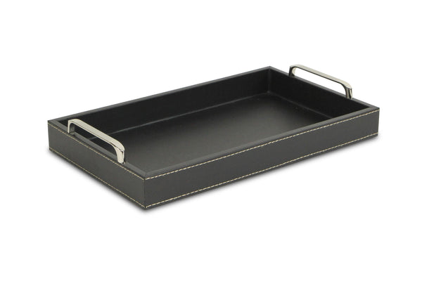 Black Faux Leather Tray with Metal Handles