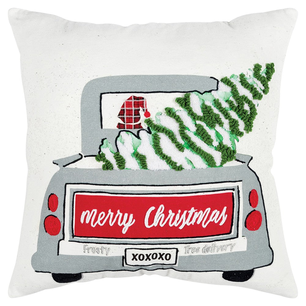 Ivory Frosty Christmas Tree on Truck Throw Pillow