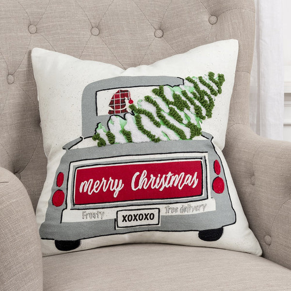 Ivory Frosty Christmas Tree on Truck Throw Pillow