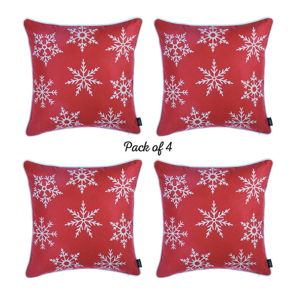 Set of 4 Red and White Snowflakes Throw Pillows