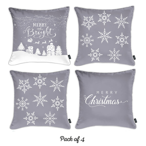 Set of 4 Gray and White Christmas Throw Pillows