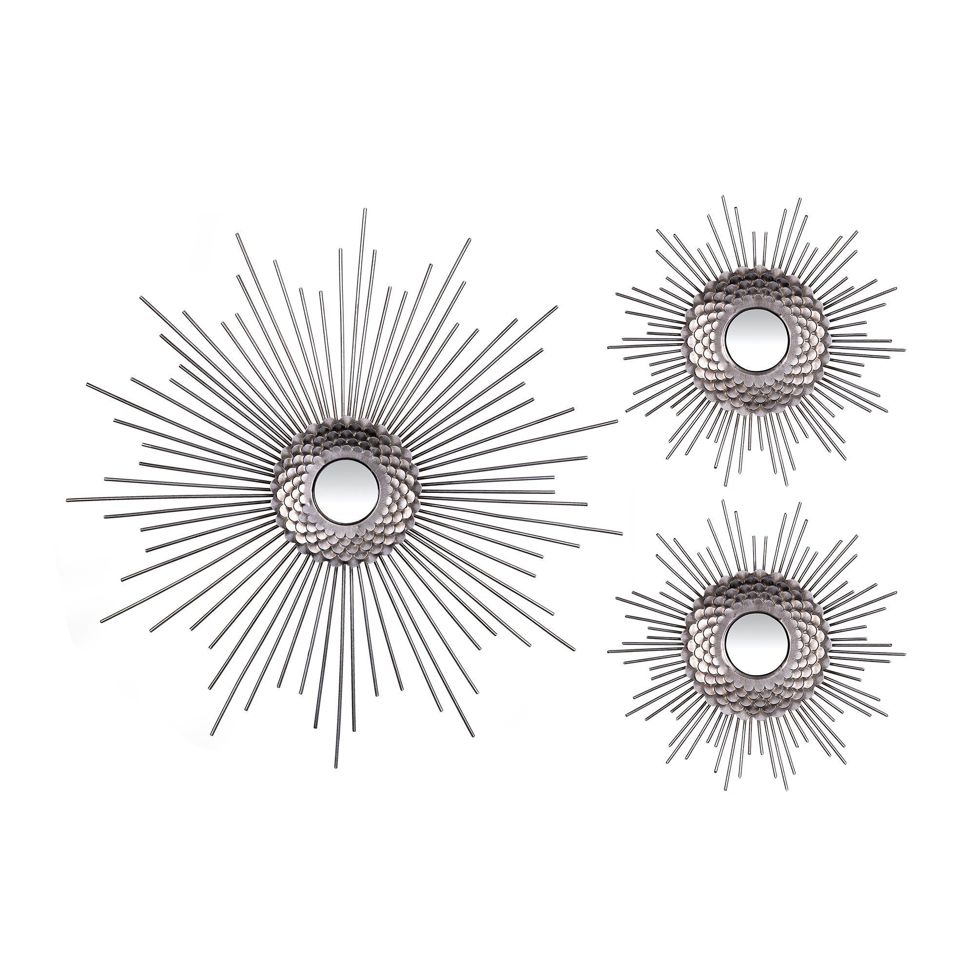 Set of Three Silver Metal Sunburst Round Wall Mirrors