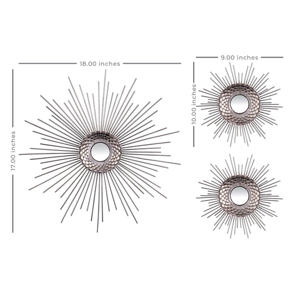 Set of Three Silver Metal Sunburst Round Wall Mirrors