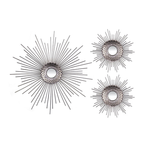 Set of Three Silver Metal Sunburst Round Wall Mirrors