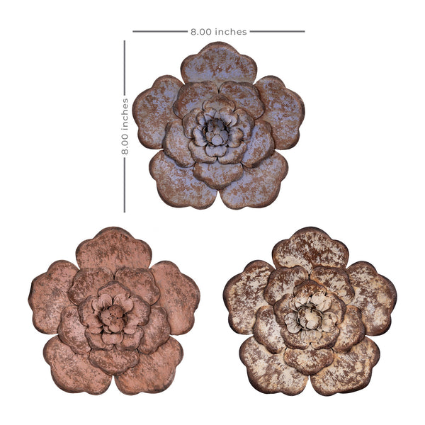 Set of Three Distressed Metal Flower Wall Décor