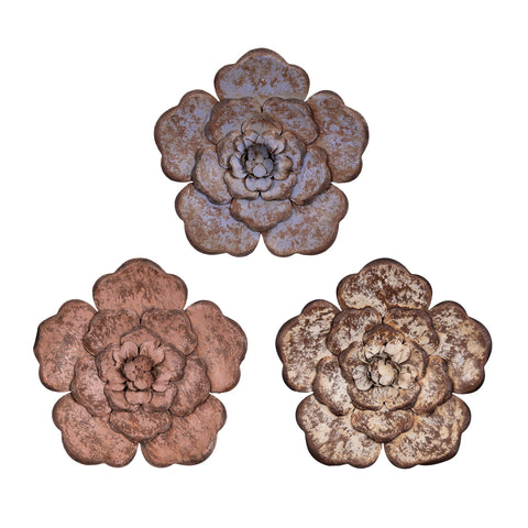 Set of Three Distressed Metal Flower Wall Décor