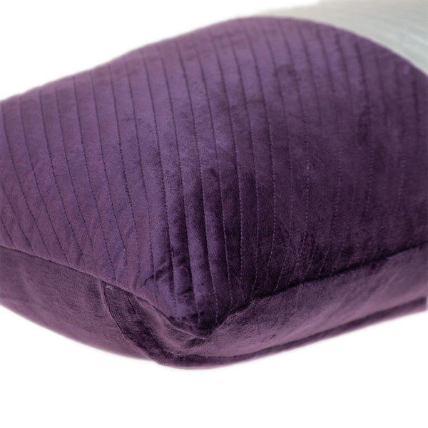 Silver and Purple Quilted Colorblock Velvet Lumbar Throw Pillow