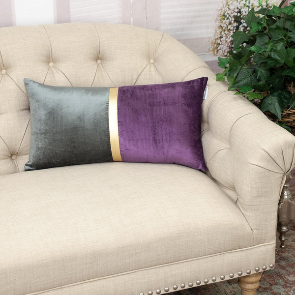 Dark Grey Gold and Purple Tufted Velvet Lumbar Pillow