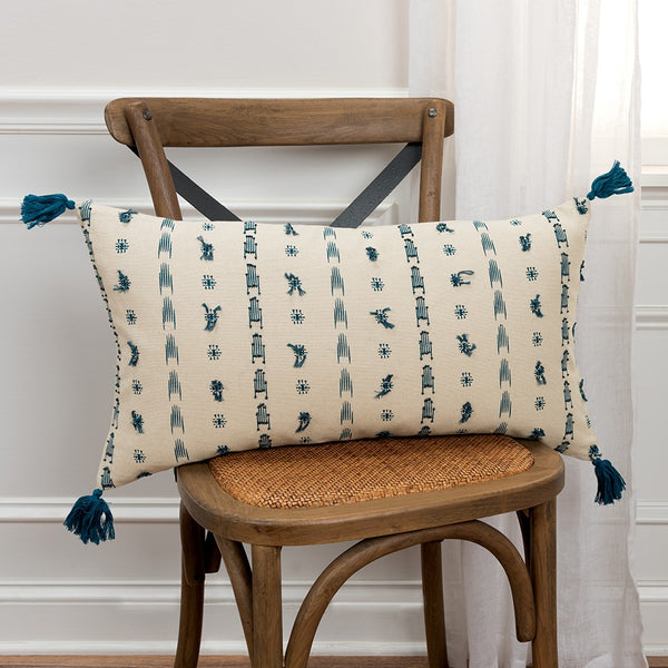 Teal Beige Tribal Inspired Tasseled Lumbar Pillow