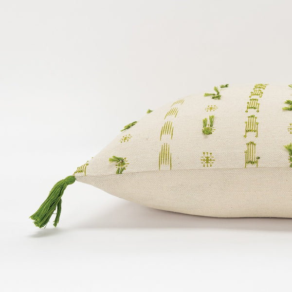 Green Beige Tribal Inspired Tasseled Lumbar Pillow