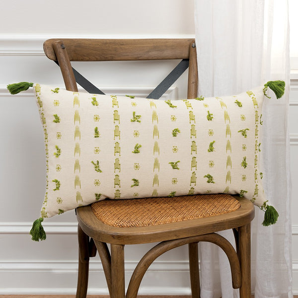 Green Beige Tribal Inspired Tasseled Lumbar Pillow