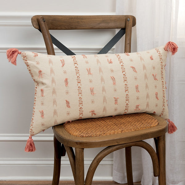 Blush Beige Tribal Inspired Tasseled Lumbar Pillow