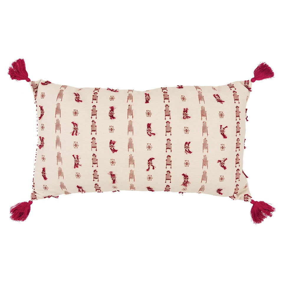 Red Beige Tribal Inspired Tasseled Lumbar Pillow