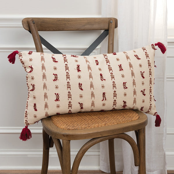 Red Beige Tribal Inspired Tasseled Lumbar Pillow