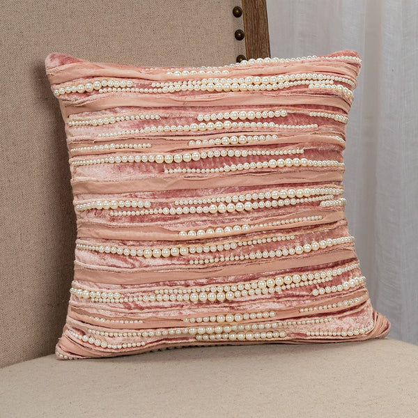 Blush Glam Pearl Pin Tucks Striped Throw Pillow