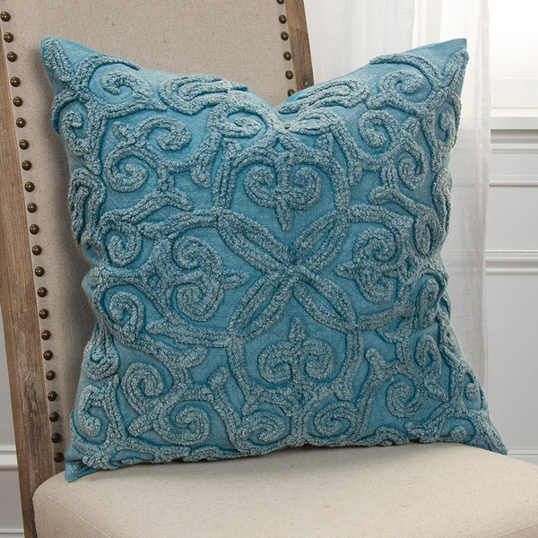 Blue Floral Patterned Heavy Textural Throw Pillow