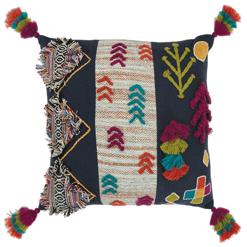 Navy Tribal Motifs Embroidered Throw Pillow