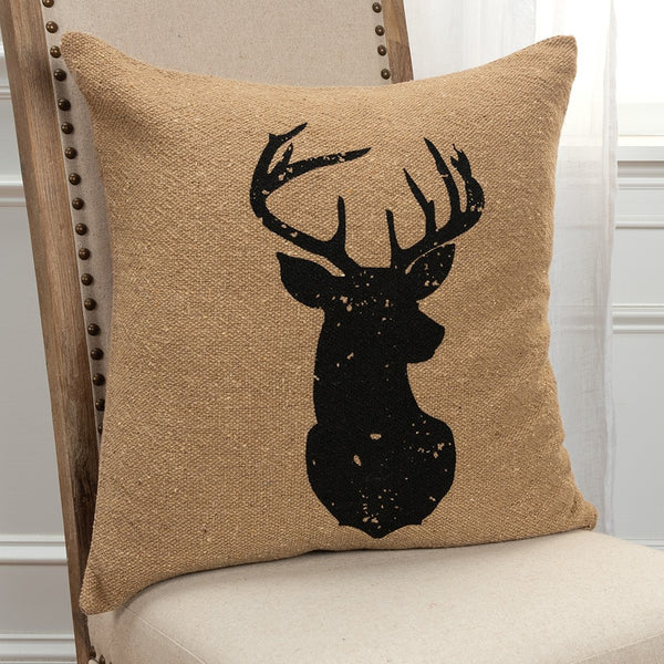 Tan Black Distressed Reindeer Throw Pillow