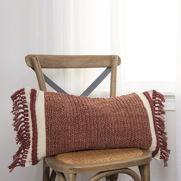 Rust Braided Stripe Macrame Fringe Lumbar Pillow