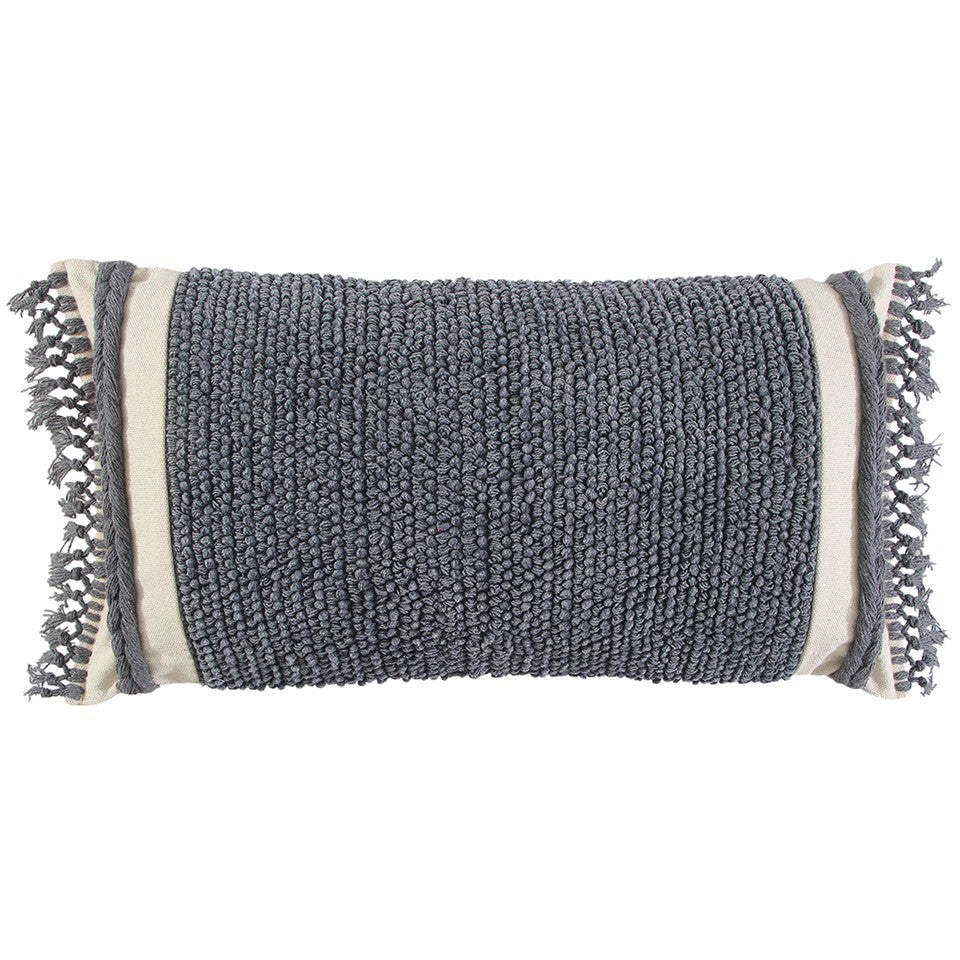 Gray Braided Stripe Macrame Fringe Lumbar Pillow