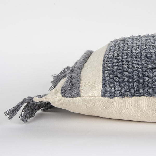 Gray Braided Stripe Macrame Fringe Lumbar Pillow