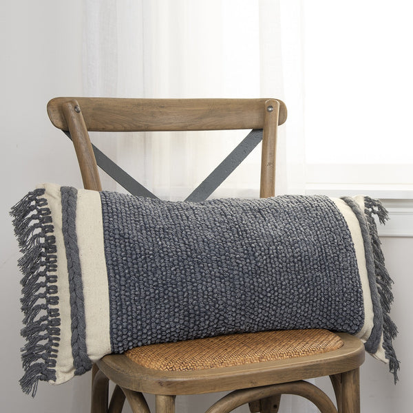 Gray Braided Stripe Macrame Fringe Lumbar Pillow