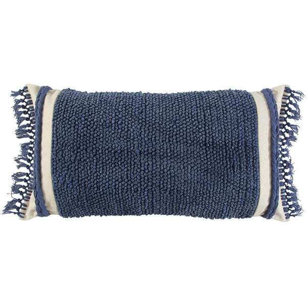 Blue Braided Stripe Macrame Fringe Lumbar Pillow