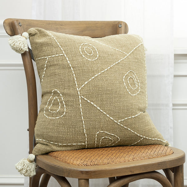 Khaki Cream Kantha Stitch Tasseled Throw Pillow