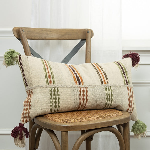 Cream Accent Striped Boho Chic Lumbar Pillow