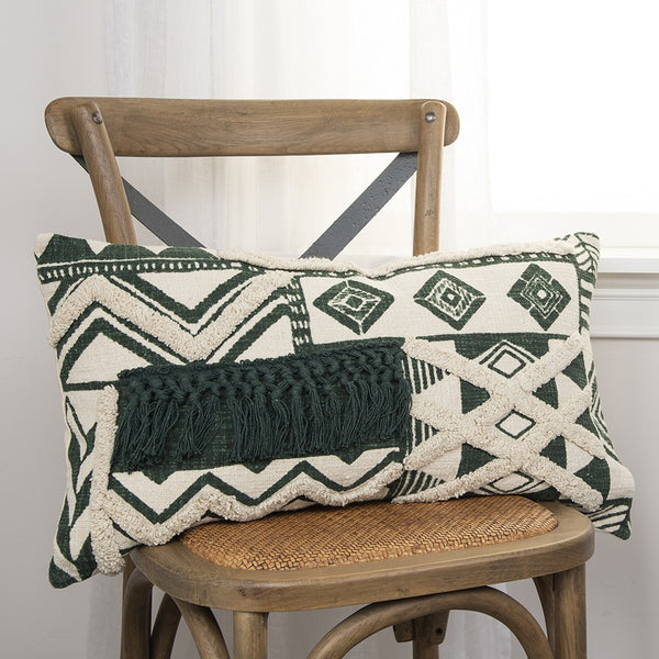 Ivory Green Geometric Boho Chic Lumbar Pillow