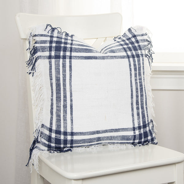 White Navy Open Plaid Textured Throw Pillow