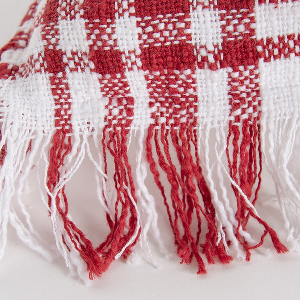 White Red Open Plaid Textured Throw Pillow