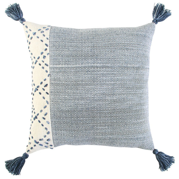 Ivory Blue Accent Stitch Color Block Throw Pillow