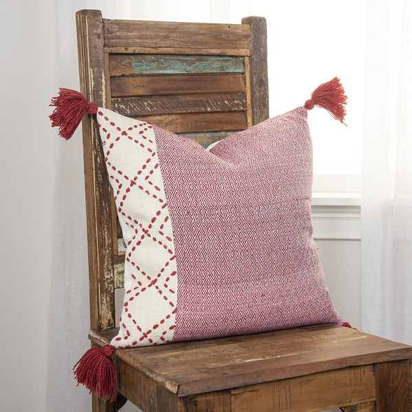 Ivory Red Accent Stitch Color Block Throw Pillow