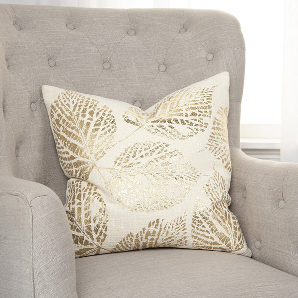 Ivory Gold Metallic Foil Leaf Pattern Throw Pillow