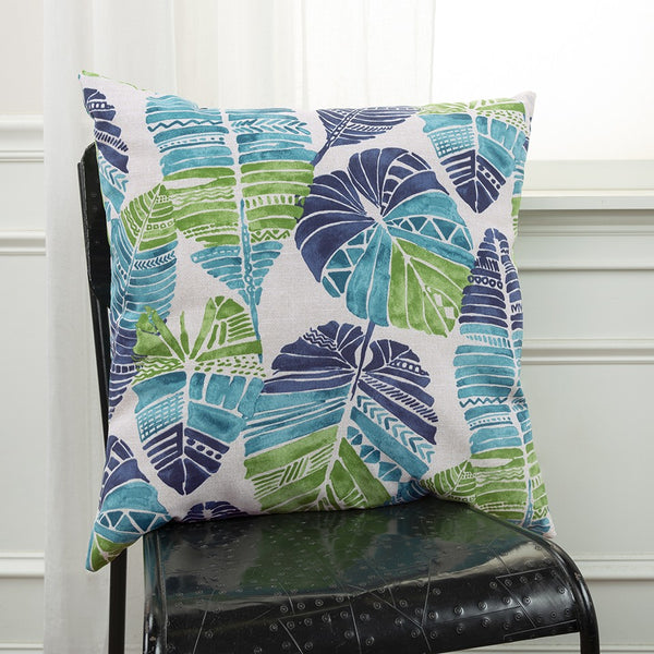 Blue Tropical Leaves Indoor Outdoor Throw Pillow