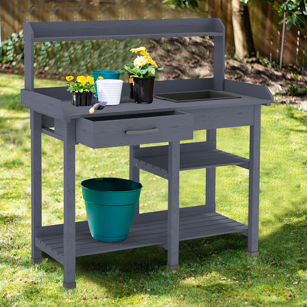 Gray Wood Potting Bench with Storage