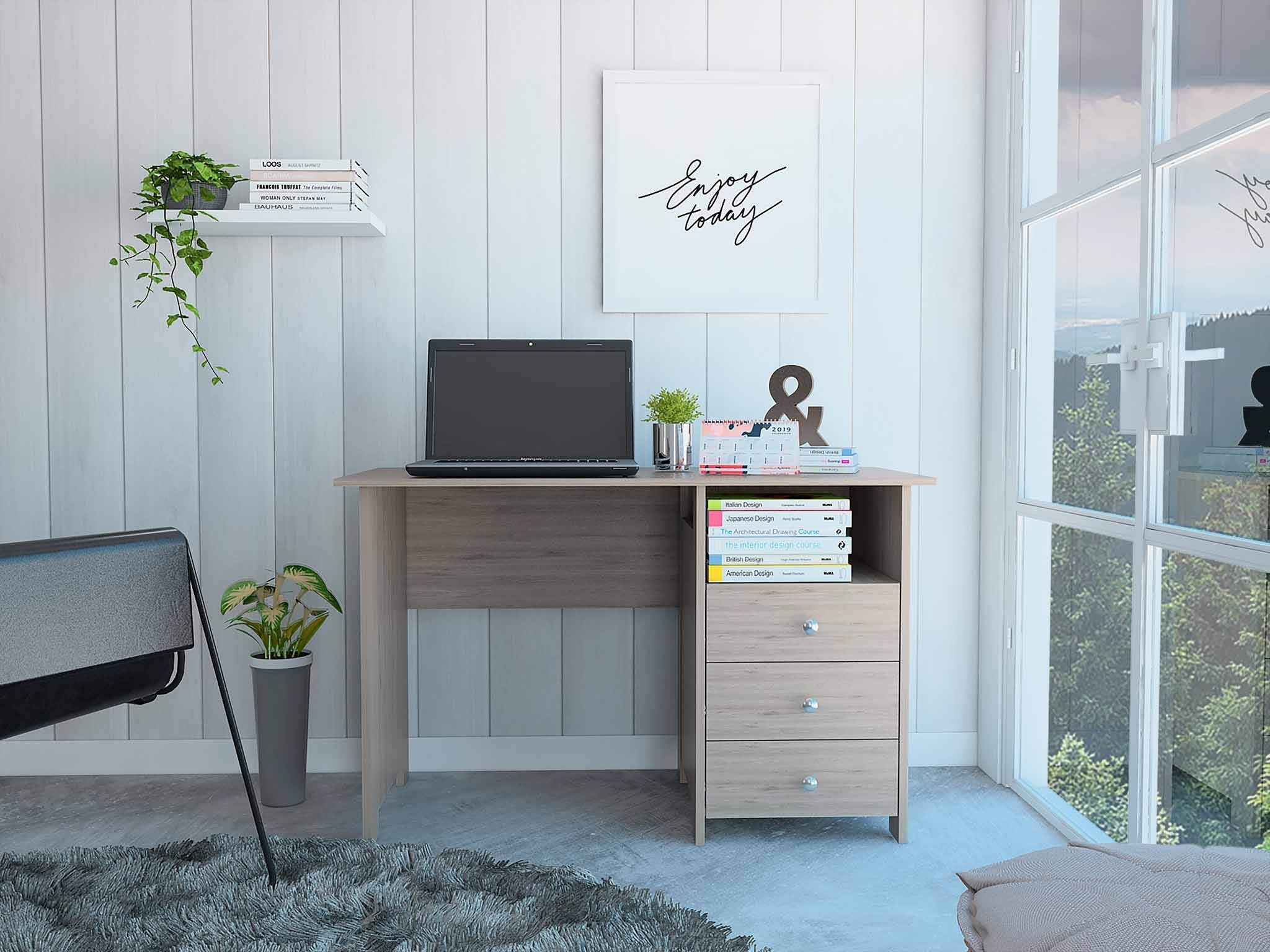 Nory Light Gray Oak Three Drawers Computer Desk